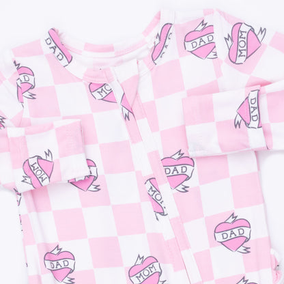 2 Way Ruffle Back Zipper Footie - Heart Tattoo Check Pink