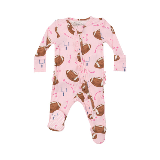 2-Way Ruffle Zipper Footie - Footballs Pink
