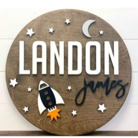 Sugar + Maple Round Personalized Wood Name Sign | Space Ship